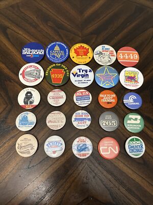 (25) Vintage verschiedene Eisenbahngesellschaft Werbung Pinback Pin Tasten