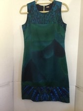 ELIE TAHARI Stretch Silk Sleeveless Shift Dress Blue Green US 4 IT 40