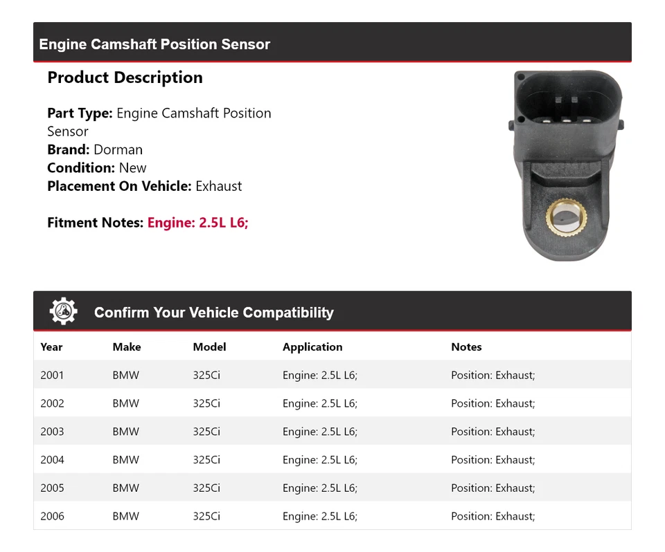 Датчик положения распределительного вала двигателя выхлопной системы для 2001-2006 BMW 325Ci 2,5 л L6 Dorman - Изображение 2 из 4