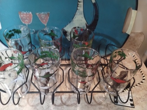 50's MCM Pheasant Hunter Drinking Glasses, Set Of 7 5.25” with original holder - Picture 10 of 12