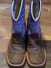Old West Girls BSC1907 Brown Purple Blue Leather Square Toe Western Boots Sz 1D