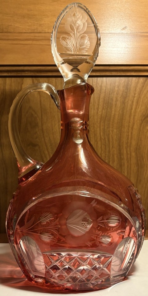 Cranberry cut to clear Leaded Crystal decanter, Bohemian Art Deco.