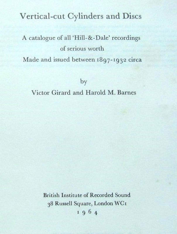 GIRARD BARNES Vertical Cut-Cylinders & Discs Catalog RECORD DISCOGRAPHY Edison