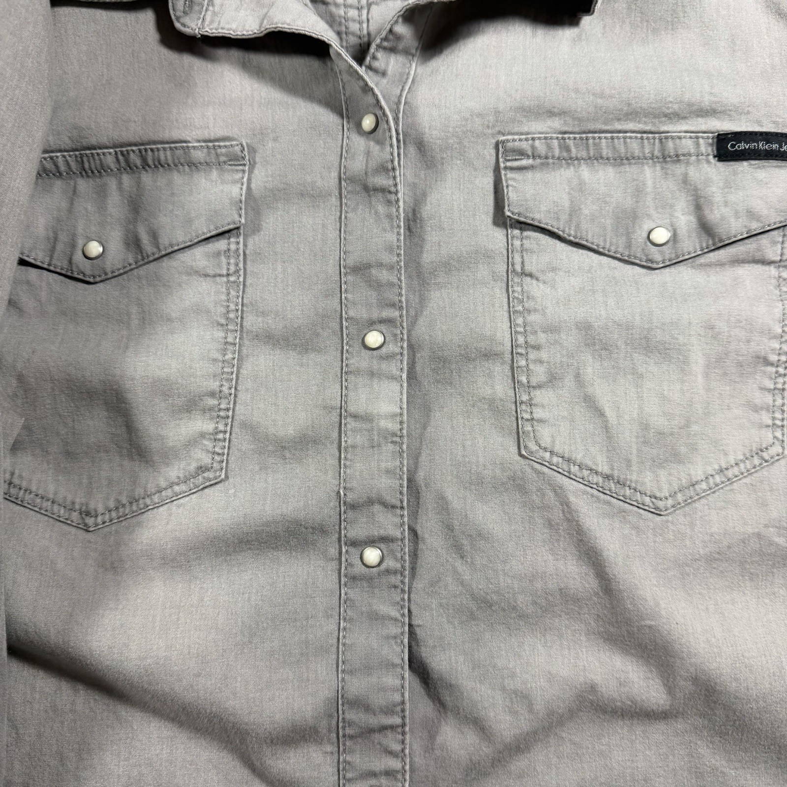 Vintage Calvin Klein Denim Shirt Mens L Gray Pearl Snap Western Button Up thumbnail 9