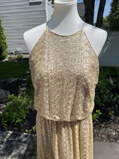 Gold Sequins Bill Levkoff Long Lined Halter Party Dress 1258 Size 12 NWT 
