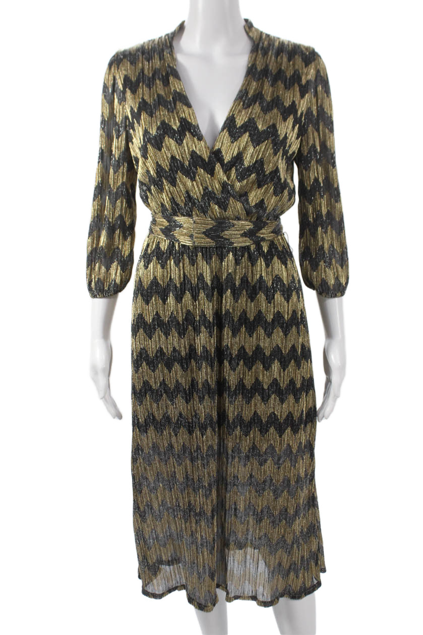 Alice + Olivia Women Wrap Dress Black V-Neck 3/4 Sleeve Geometric Size 2Free Shipping in US $100+ Orders | $6.95 Orders Below