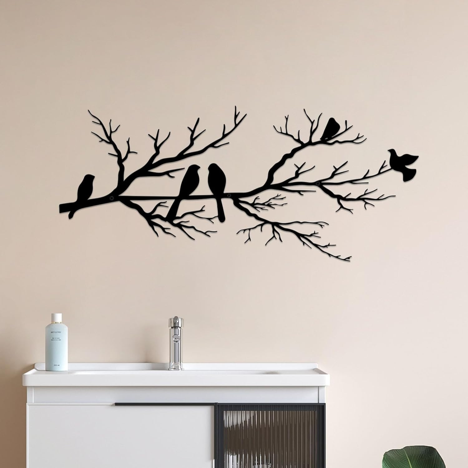 Metal Birds Wall Art, Metal Vivid Birds on Branch Silhouette Wall Decor Black Le