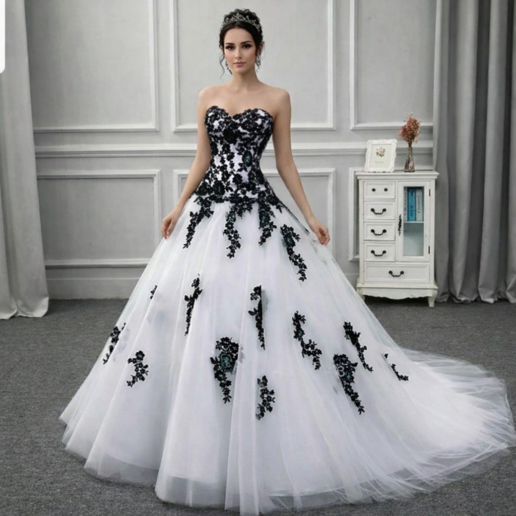 UK Black White Strapless Bridal Gown A Line Sweetheart Wedding Dresses Size  6-22 | eBay