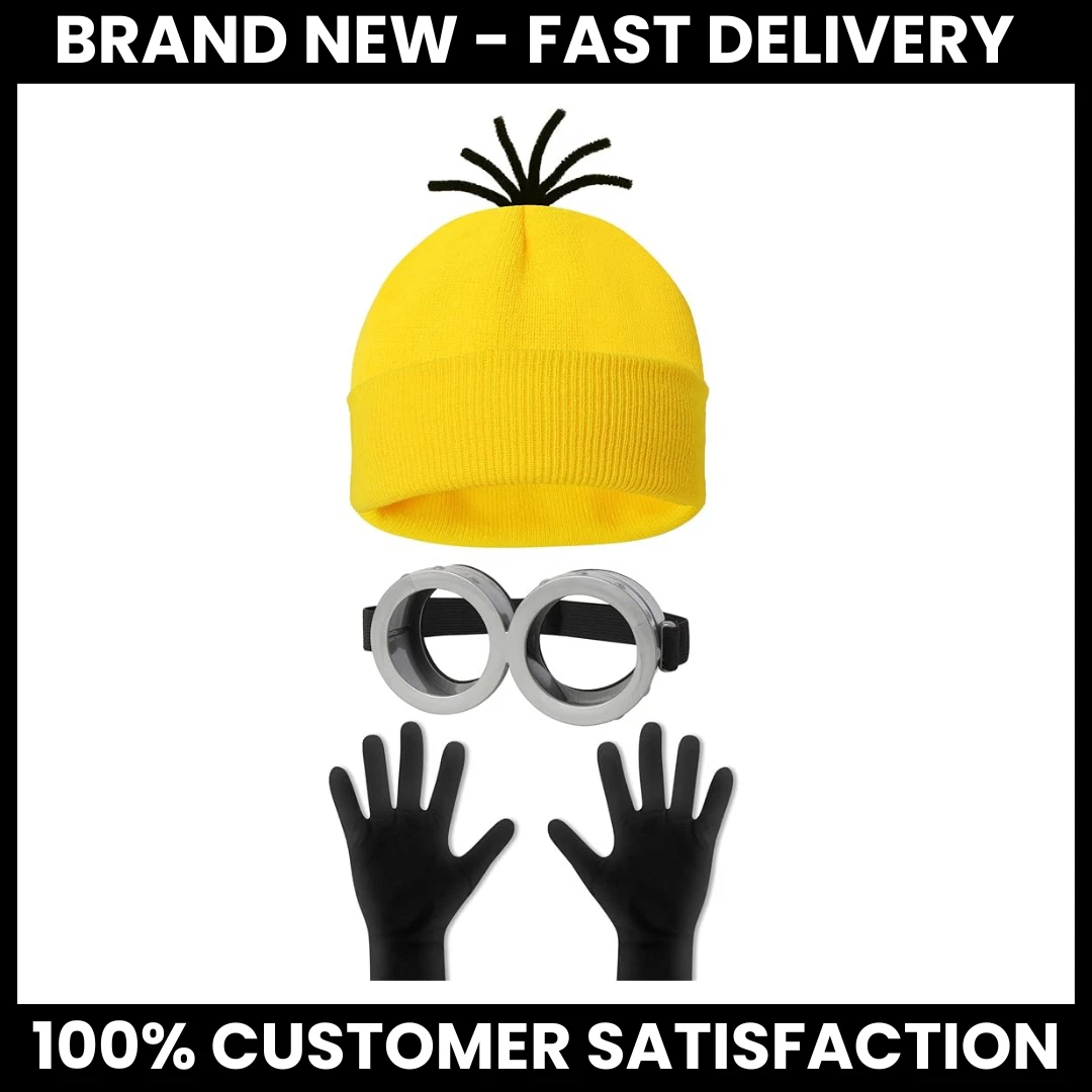 3 Pc Minion costume Goggles Glasses/Yellow Beanie/Gloves for men women party