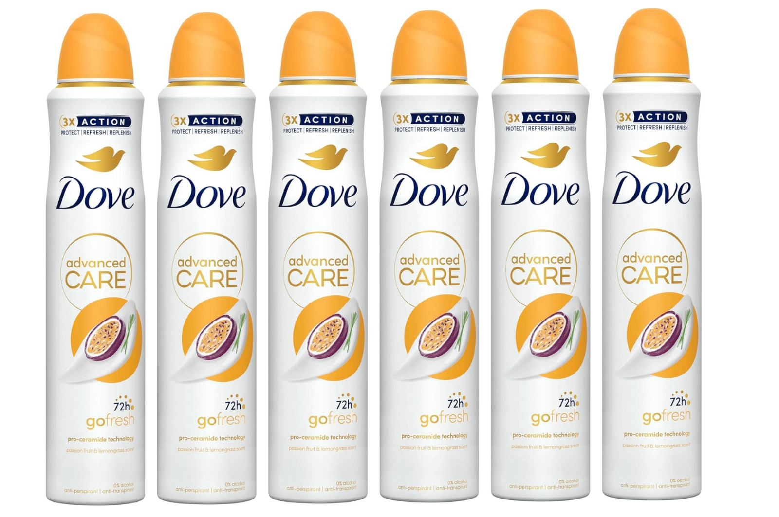 6 x 250ml Dove Advanced Care Antiperspirant Deodorant Fruit & Lemongrass Scent