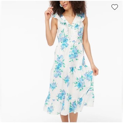 E1 J.Crew Floral Ruffle V-Neck Midi Dress White Blue Green Cotton P7342 Size 2
