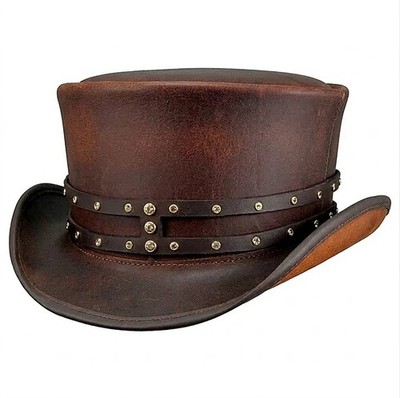 Brown Leather Top Hat Double Studded Band Steampunk Gothic Biker Western Style