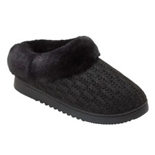New In Box Dearfoams Women Small 5/6 Black Faux Fur Lined Knit Slide On Slippers