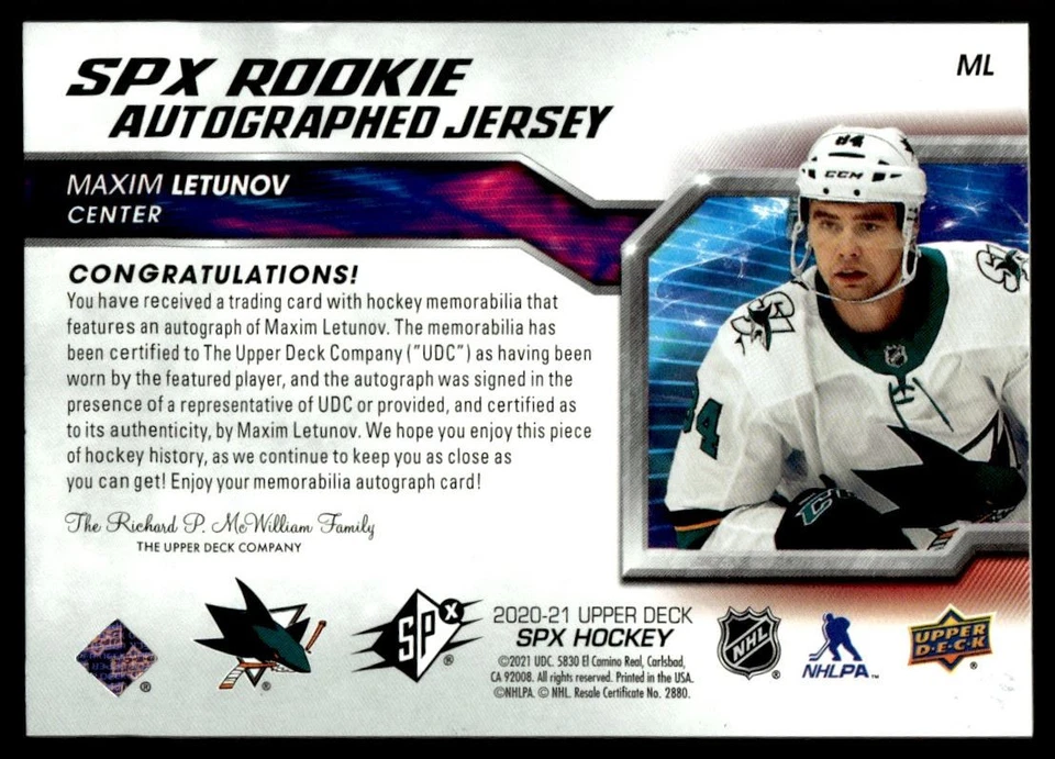2020-21 SPx Rookie Auto Jersey Maxim Letunov Auto 282/375 San Jose Sharks #ML - Image 2 of 2