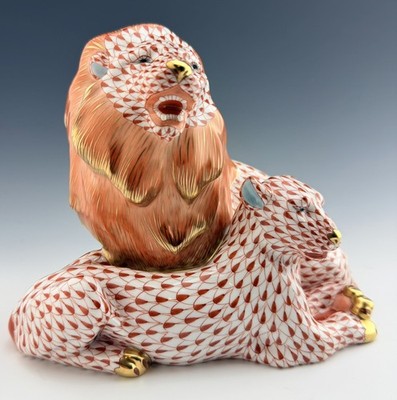   MINT HEREND Large LION Pair Rust Fishnet Cat Figurine ($2,878 Retail)