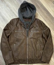 GUESS Men’s Brown Faux Leather Motorcycle Bomber Jacket Large Detachable Hood