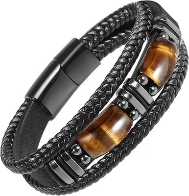 Herren Armband schwarz Leder Tigerauge Edelstein Handarbeit Schutz Schmuck