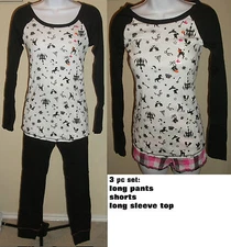 NWT JENNI by JENNIFER MOORE white/black/pink top/pant/short sleepwear 3 pc set,S