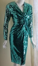 Vintage 80s 90s OLEG CASSINI Sz 4 TEAL Green Blue Sequin Art Body-Con Dress