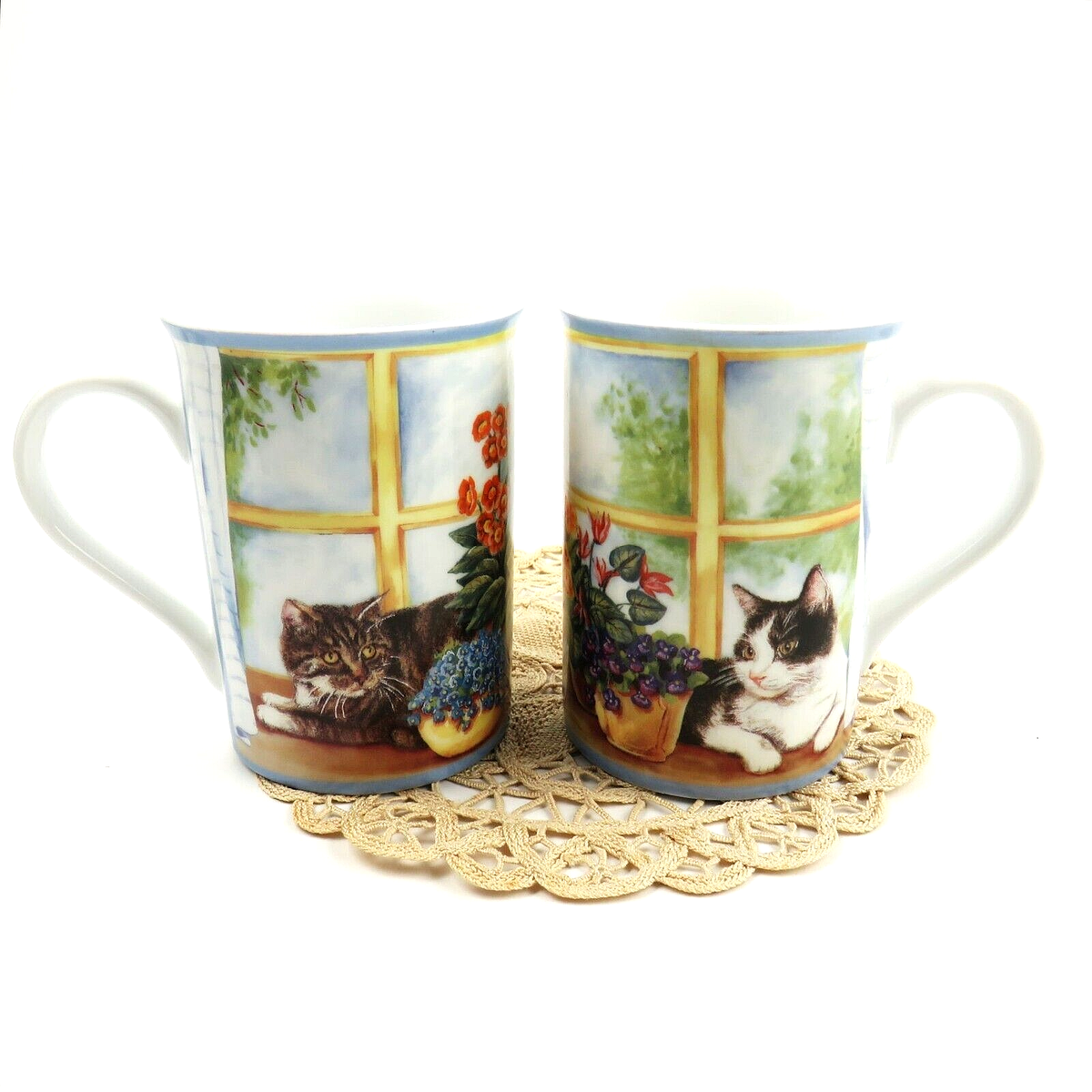 Vintage 1980s Coffee Cups Mugs Set of 2 Tabby & Black White Cats In Window  RARE | eBay