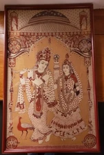 Mid 20th Century Framed Indian Hindu Krishna and Radha Tapestry Art