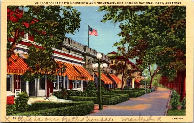 Postcard Million Dollar Bathhouse Row Park Hot Springs Arkansas D54