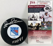 JEAN RATELLE SIGNED NEW YORK RANGERS RETRO LOGO PUCK HOF 85 AUTOGRAPHED JSA COA 