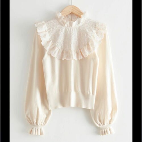 2 Other Stories Paris Atelier Ruffled Floral Embroidery Sweater Size L Cream  - Picture 1 of 4