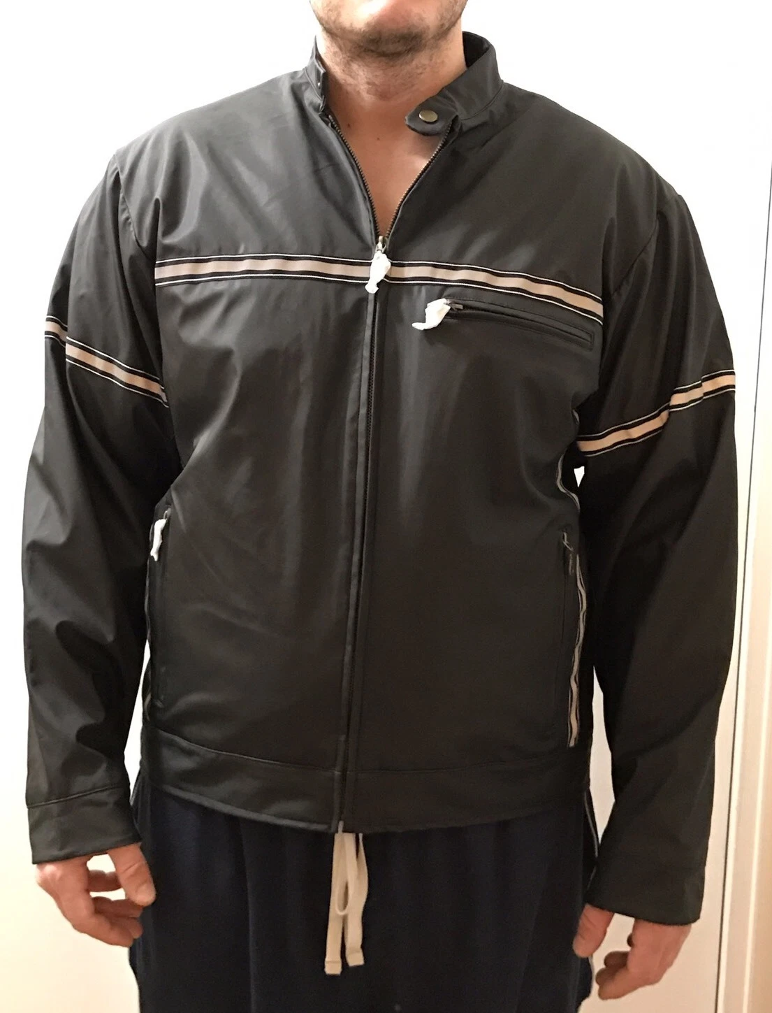 NEW NDX Nederland Black PVC Outdoor Jacket with Silver Stripes Size XL, Unisex