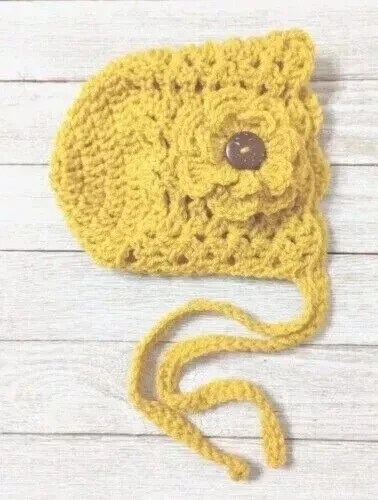 ganchillo hecho a mano bebé recién nacido flor sombrero gorro 0/3 amarillo mostaza nuevo Foto 2 de 2