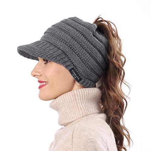 Women's BeanieTail Warm Knit Hat Messy High Bun Ponytail Visor Beanie A-grey - Photo 2 sur 8