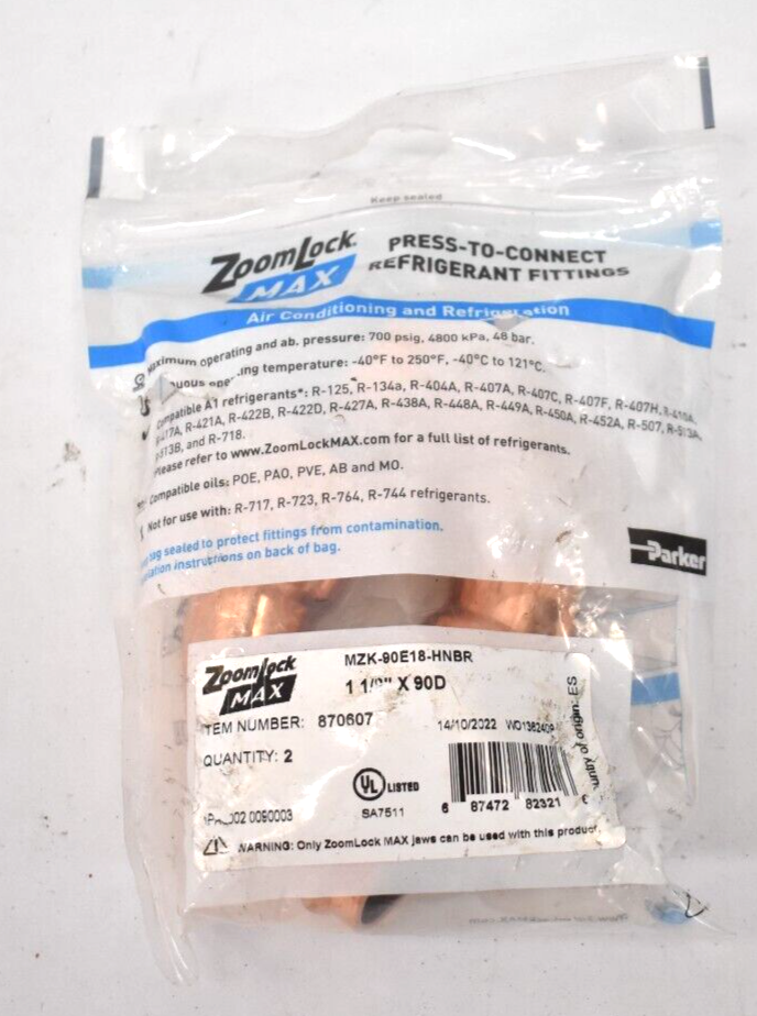 Zoomlock Max Press To Connect Refrigerant Fittings 1/8" x 90D 2 Pack