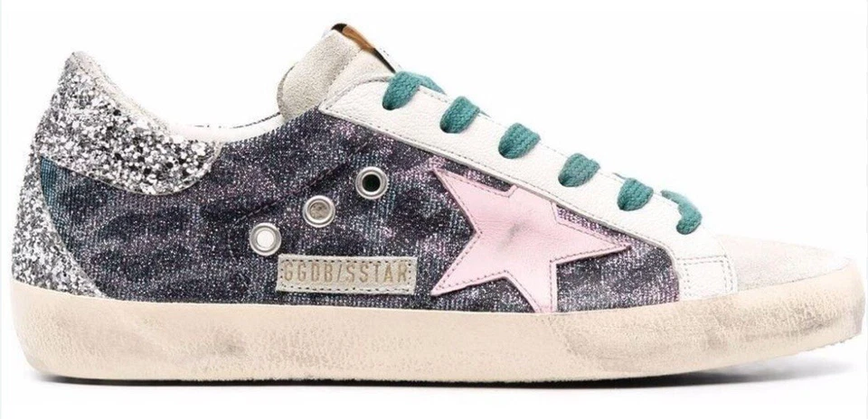 罕见 Golden Goose 尺码 38 (8) 超级明星迷彩粉色星星闪光网球鞋 — 第 2/4 张图片