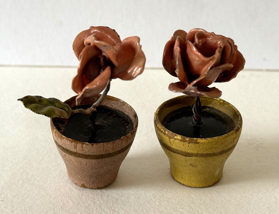 Antique Painted Metal Dolls House Roses Flowers in Wooden Pots eBay