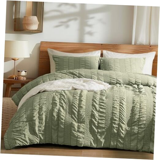 Seersucker Size Comforter Set, 3 Pieces Summer Bed in a Bag Queen Olive Green
