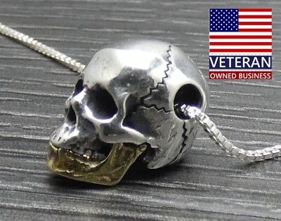 Sterling Silver Movable 3D Realistic Skull Head Pendant Box Chain Necklace  19 in