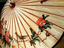 Vintage Japanese Rice Paper : Umbrella Hand Painted: Bird Motifs: 1960