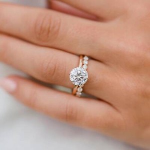 Authentic 3 Ct Round Cut Moissanite Doted Bridal Set Engagement Ring14K Yellow Gold Plated