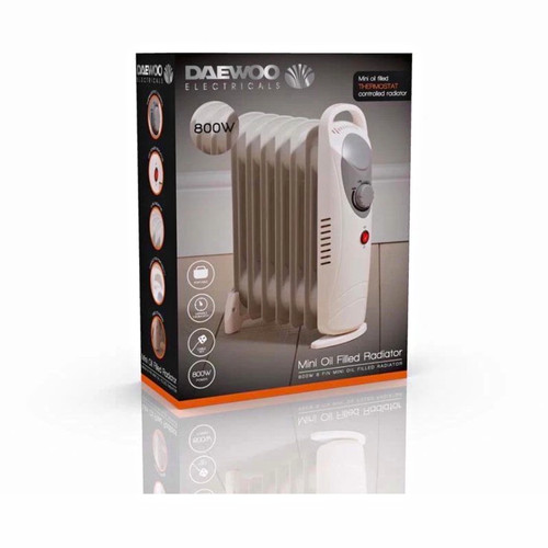 Daewoo Portable Oil Filled Radiator 800W White Adjustable Thermostat Handle