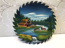 Vtg HAND PAINTED Signed Saw Blade 7.5" Deer, Creek Barn Country Decor Americana