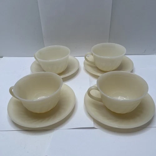 Ivory Fire King 8 Piece Tea Set -Glass & Saucer Vtg Anchor Hocking Mug