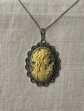 Cream Green Victorian Style cameo Necklace. Silver chain. Pendant Is 2 . NWOT