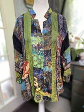 Citron Silk Blend Button Up Blouse Hippie Print Long Sleeve Women’s Large (x)