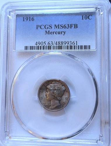 1916 . Mercury Dime . PCGS MS63FB . Choice BU . Full Bands . Crusty Original