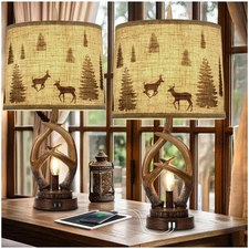 Scenekoy Rustic Farmhouse Antlers Table Lamp Set of 2 with Nightlight Dual US...