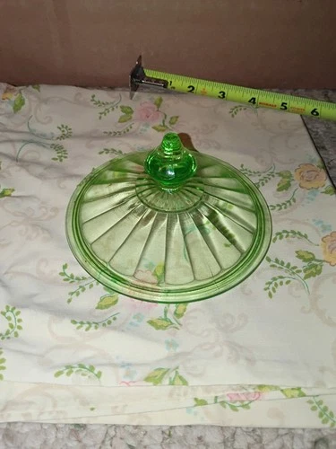 Hazel Atlas Ribbon Green Depression Glass UV Glow Candy Dish Lid Only 4 7/8 1930