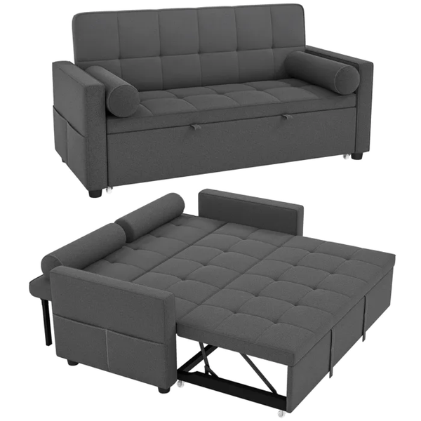Homcom 2-Sitzer Schlafsofa 3-In-1 Doppelbett Verstellbar Stoff Leinen Grau-image