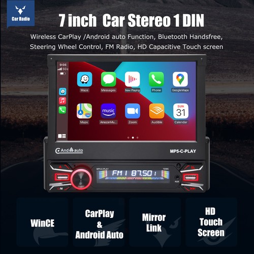 Single 1Din 7" Flip Out Wireless Stereo Car Radio Touch Screen Apple CarPlay+CAM - Picture 2 of 14