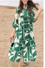 Zara Dress Women M Green Cream Printed Maxi Button Front Collared Shirt Dress