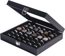 Stackable Black Jewelry Ring Organizer with Glass Lid - 42 Slot Display Case